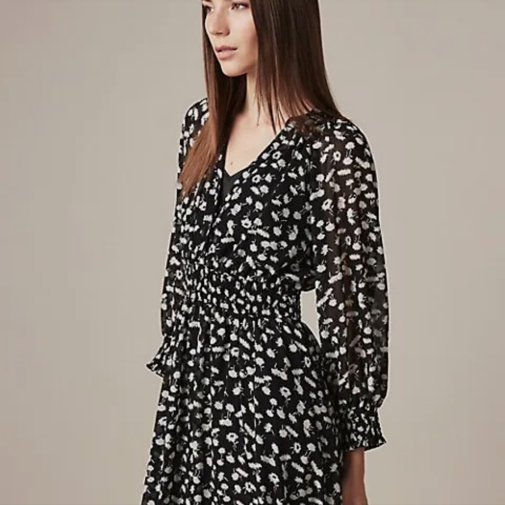 HUDSON NORTH Hudson's Bay Smocked Waist Semi Sheer Midi Dress In Black / White